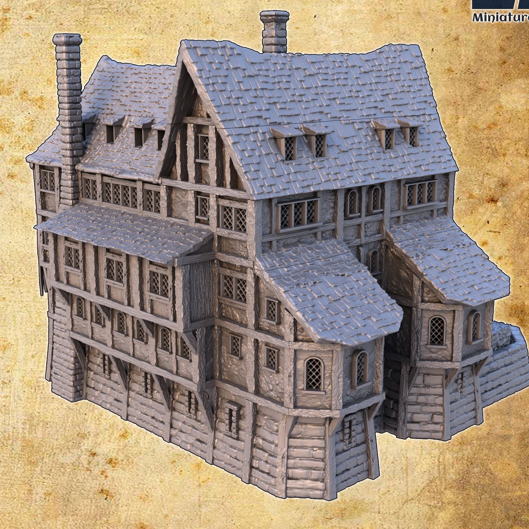 Text: Detailed 3D printed model of a medieval Engineer&#39;s Guild House with five floors, each intricately designed with medieval-era workshops, perfect for historical and fantasy tabletop games.