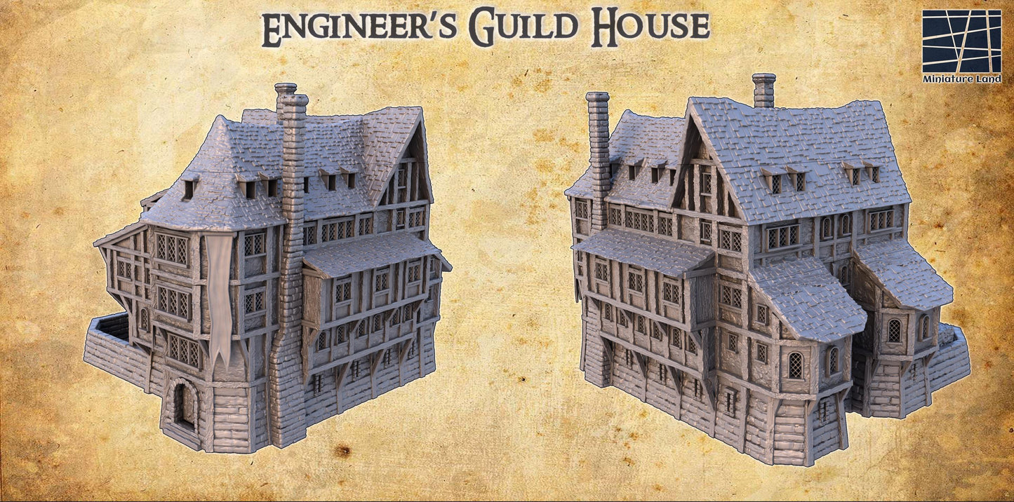 Text: Detailed 3D printed model of a medieval Engineer&#39;s Guild House with five floors, each intricately designed with medieval-era workshops, perfect for historical and fantasy tabletop games.