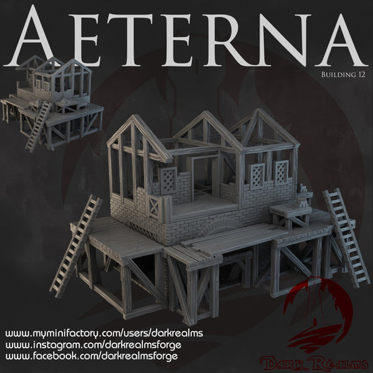 Discover Aeterna Building 12, a Roman construction site model with intricate design and multiple gameplay levels, ideal for historical tabletop scenarios.