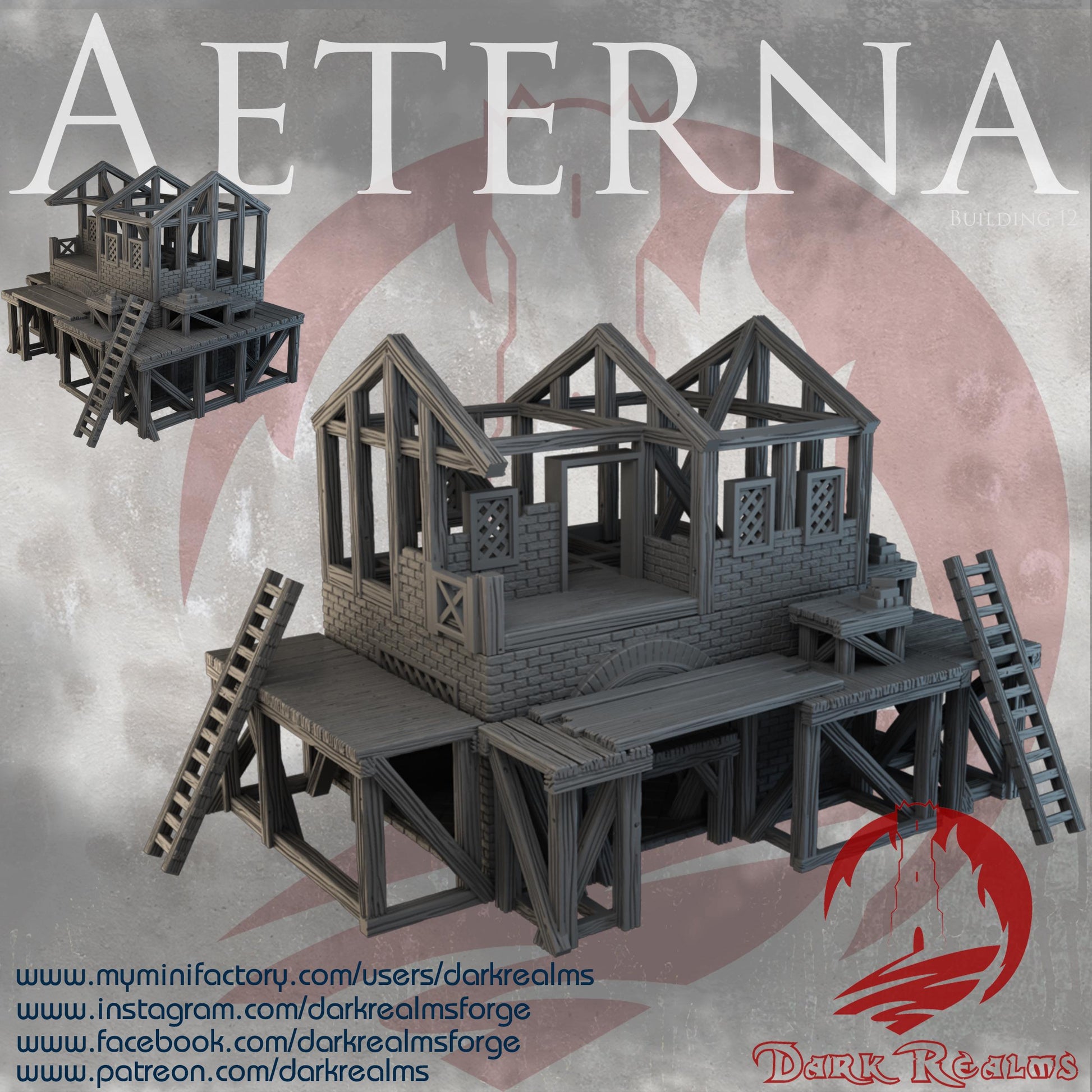 Discover Aeterna Building 12, a Roman construction site model with intricate design and multiple gameplay levels, ideal for historical tabletop scenarios.