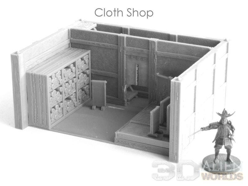 &quot;Samurai Cloth Shop&quot; model features traditional Edo-period architecture, designed for immersive tabletop RPGs and historical dioramas.