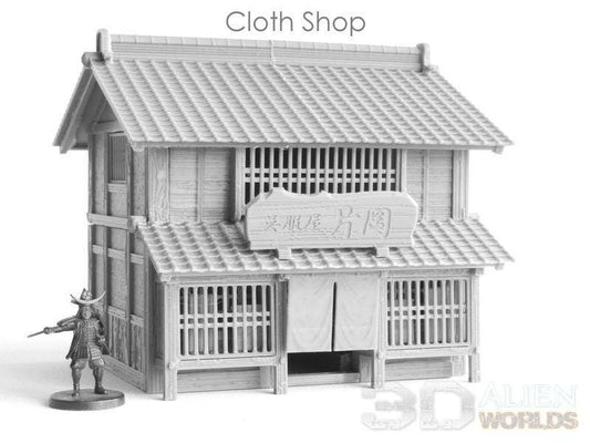 &quot;Samurai Cloth Shop&quot; model features traditional Edo-period architecture, designed for immersive tabletop RPGs and historical dioramas.