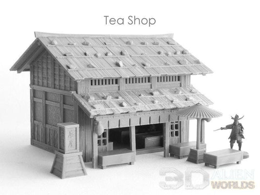 A meticulously detailed Samurai Tea Shop model, inspired by Edo-period architecture, perfect for adding historical depth to tabletop RPGs.