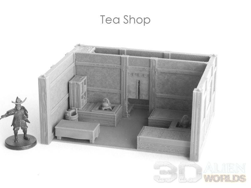 A meticulously detailed Samurai Tea Shop model, inspired by Edo-period architecture, perfect for adding historical depth to tabletop RPGs.