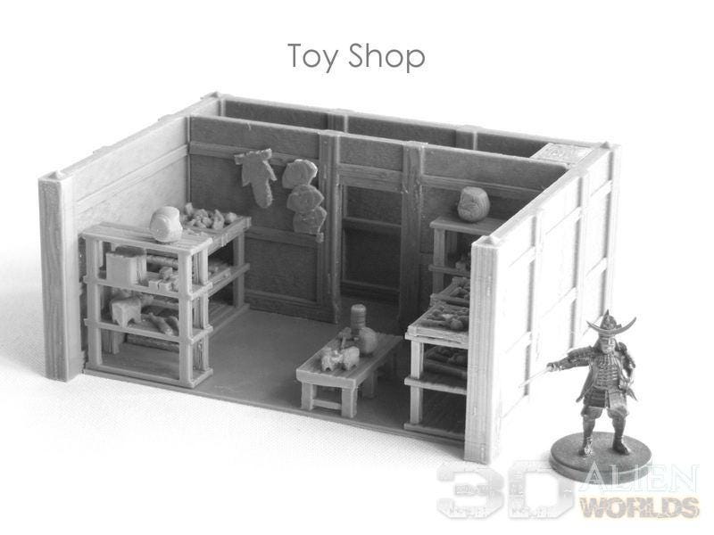 Detailed 3D model of a Samurai Toy Shop from the Edo period, featuring two levels filled with traditional Japanese toys, perfect for enhancing tabletop RPGs and wargames