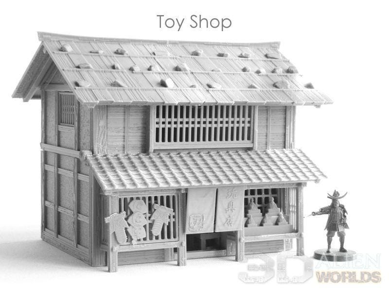 Detailed 3D model of a Samurai Toy Shop from the Edo period, featuring two levels filled with traditional Japanese toys, perfect for enhancing tabletop RPGs and wargames