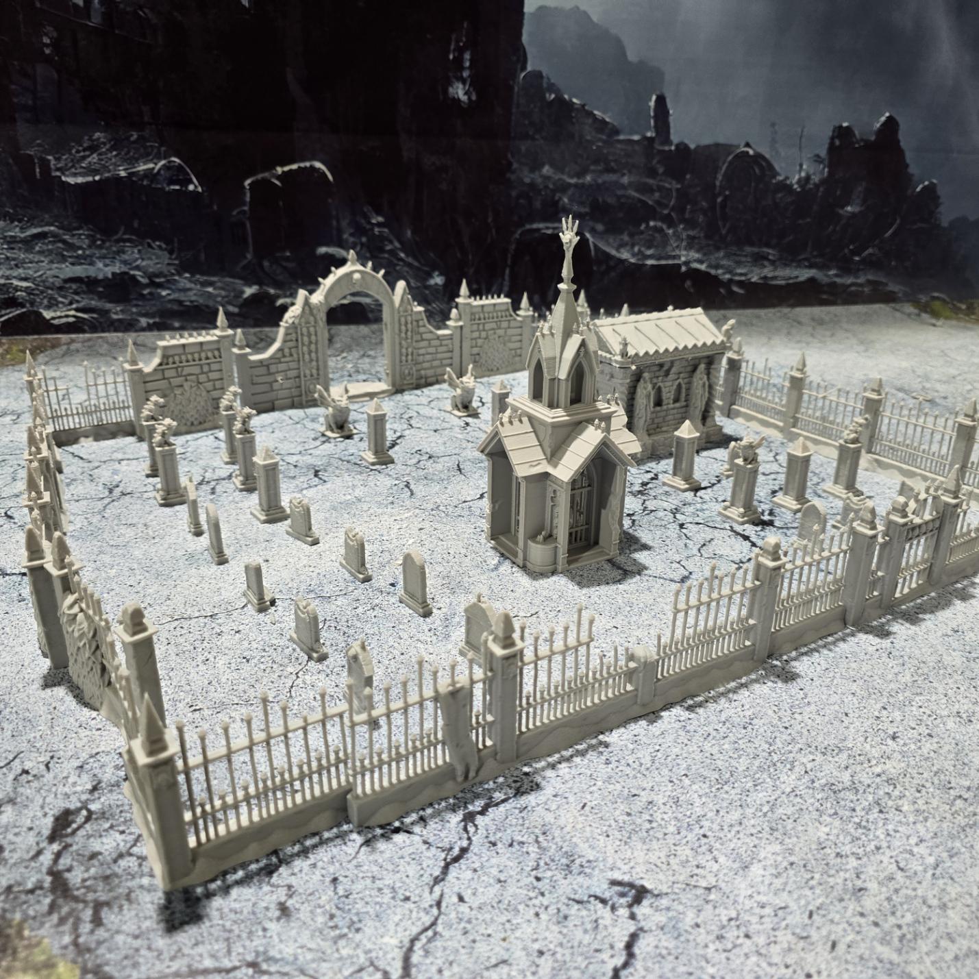 Explore the 19th-century Gothic revival with our Large Cemetery Set, featuring a chapel, 26 gravestones, gargoyles, and more for tabletop RPGs