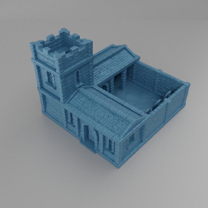 This detailed 3D-printed medieval archery range features a fortified watchtower, a practice yard with archery targets, and a covered shelter area.