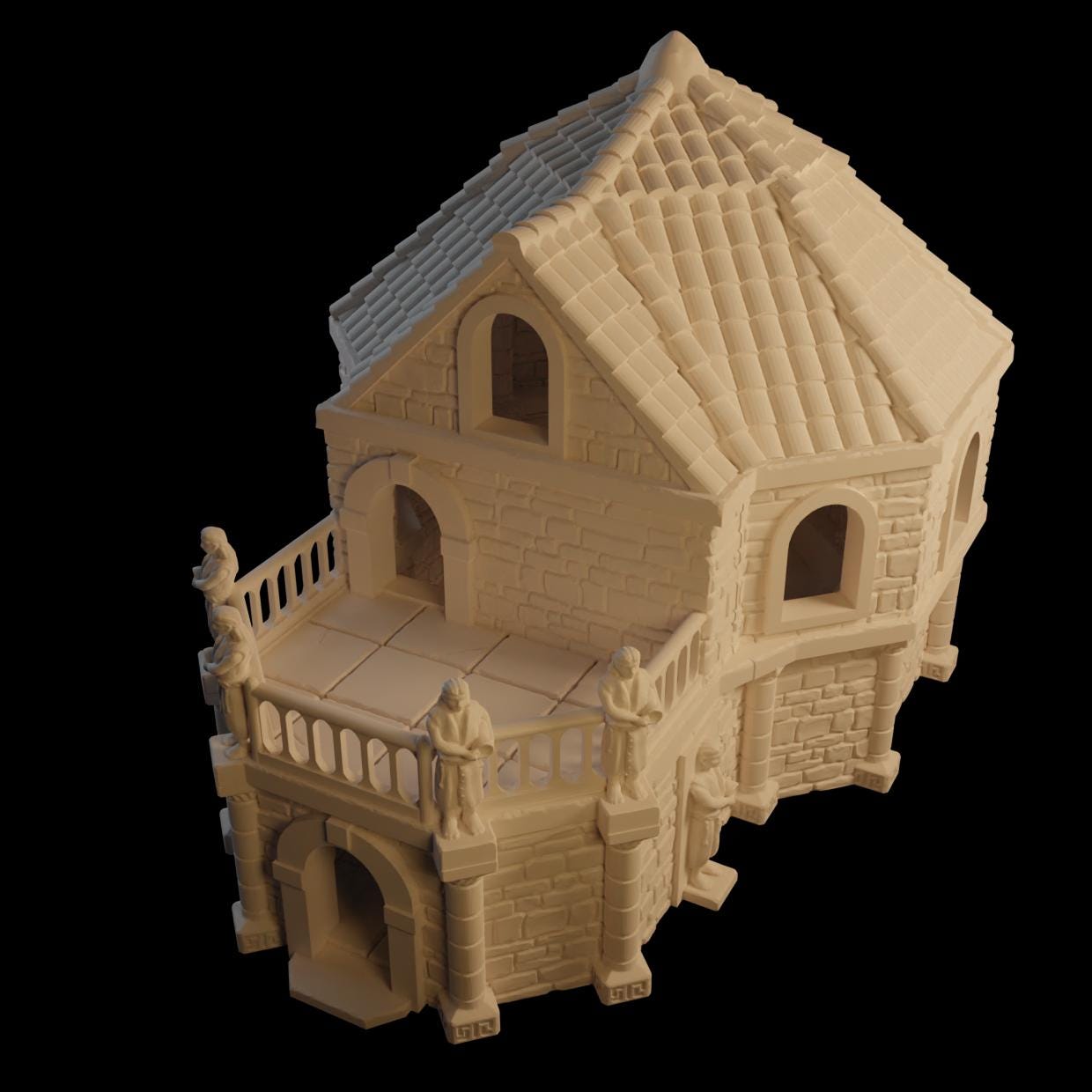 This 3D model depicts a Roman-inspired bath house complete with columns, statues, and multiple levels, ideal for detailed historical or fantasy gaming dioramas.