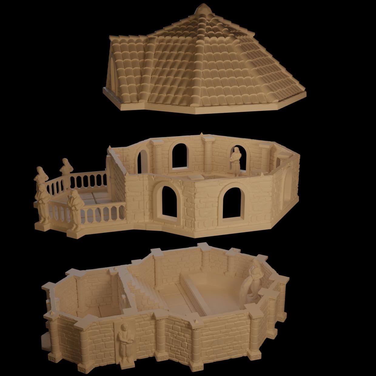 This 3D model depicts a Roman-inspired bath house complete with columns, statues, and multiple levels, ideal for detailed historical or fantasy gaming dioramas.