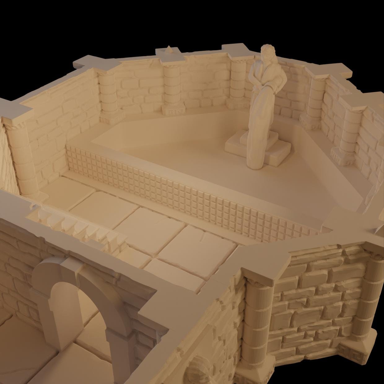 This 3D model depicts a Roman-inspired bath house complete with columns, statues, and multiple levels, ideal for detailed historical or fantasy gaming dioramas.