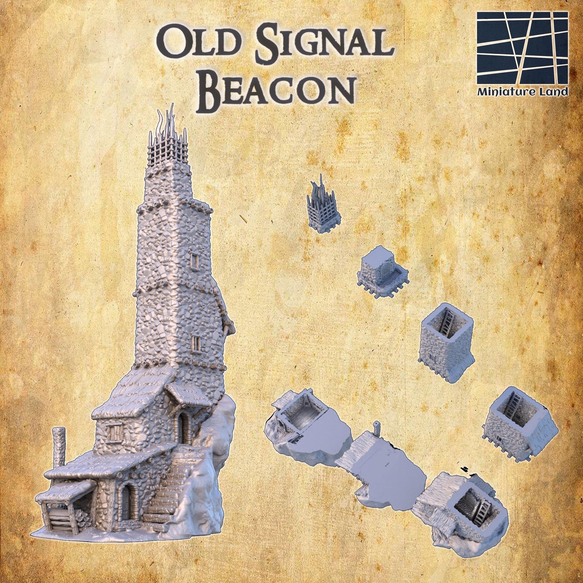 The Old Signal Beacon features detailed stonework, multiple levels accessible for gameplay, and a beacon top, ideal for medieval and fantasy settings.