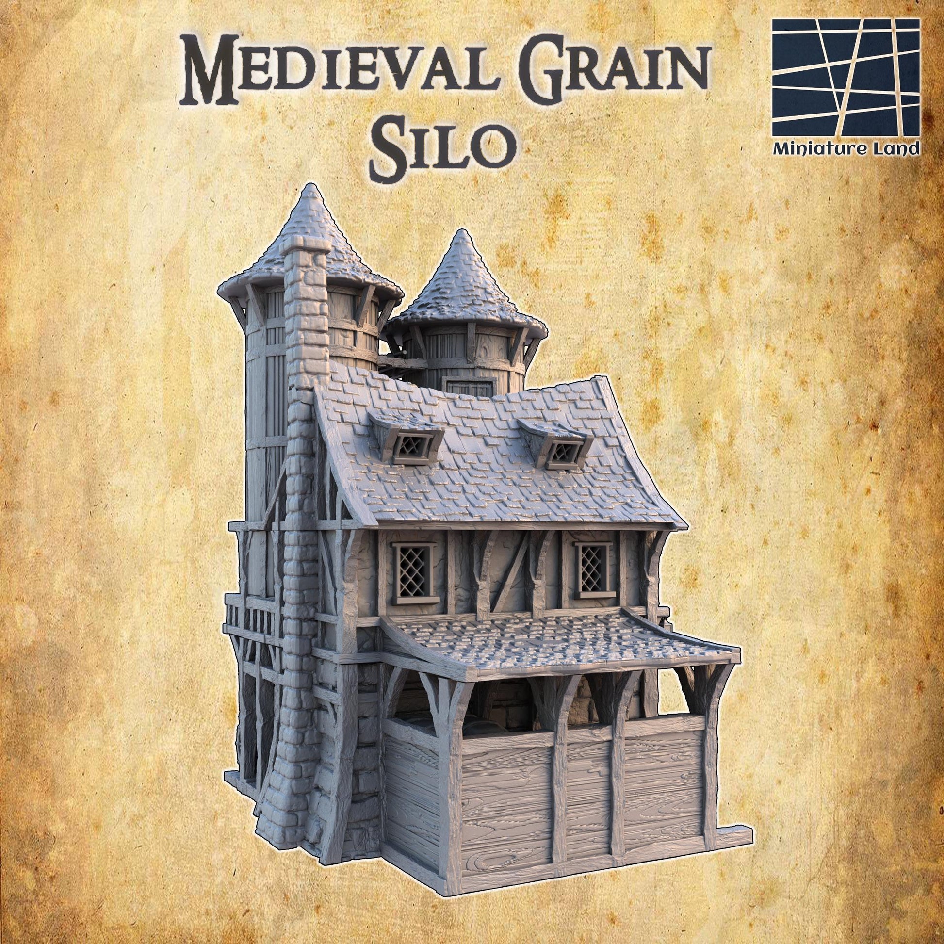 Detailed view of a medieval grain silo, featuring wood paneling, stone base, mechanical grain hoist, and multiple storage levels, perfect for historical and fantasy gaming scenarios.