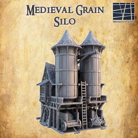 Detailed view of a medieval grain silo, featuring wood paneling, stone base, mechanical grain hoist, and multiple storage levels, perfect for historical and fantasy gaming scenarios.