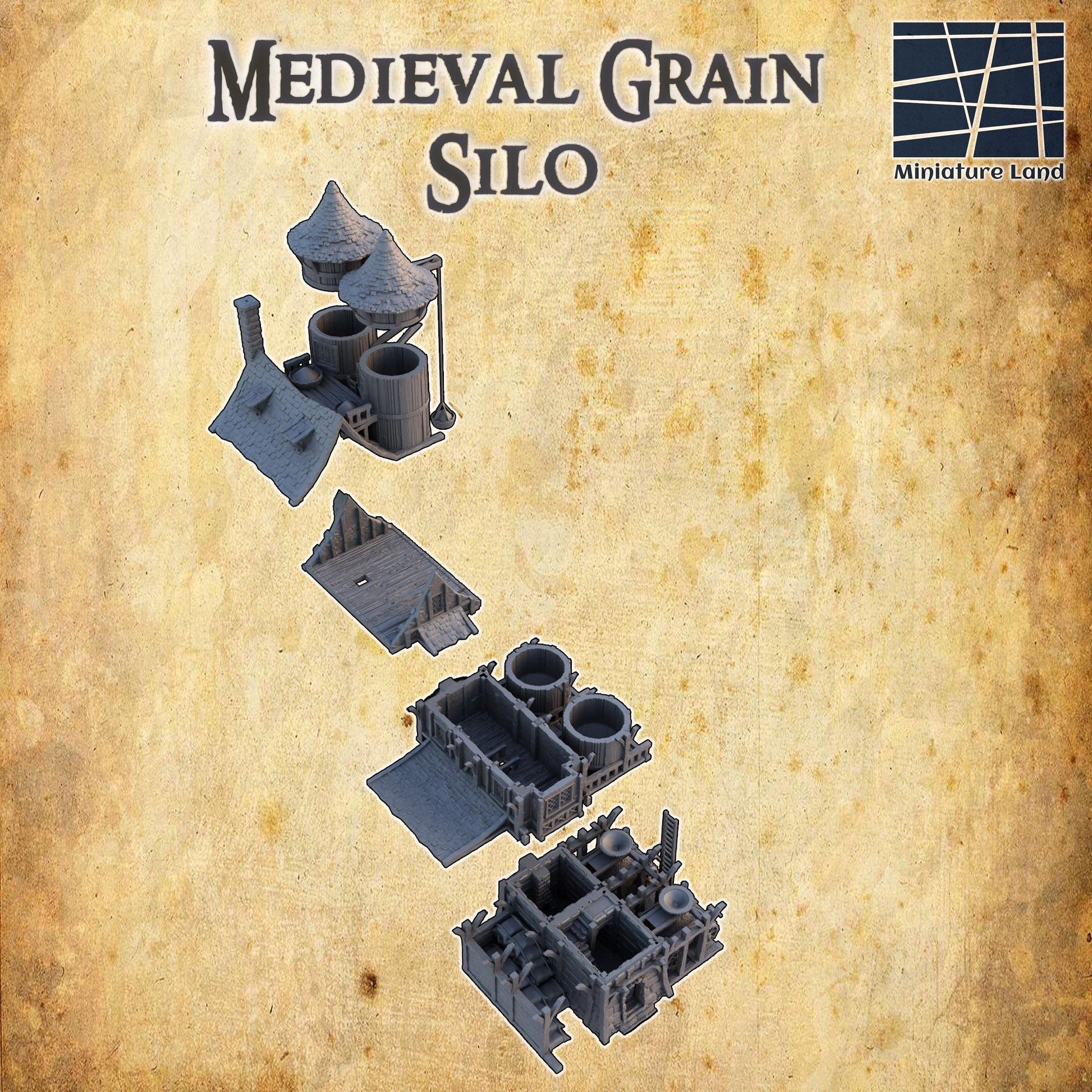 Detailed view of a medieval grain silo, featuring wood paneling, stone base, mechanical grain hoist, and multiple storage levels, perfect for historical and fantasy gaming scenarios.