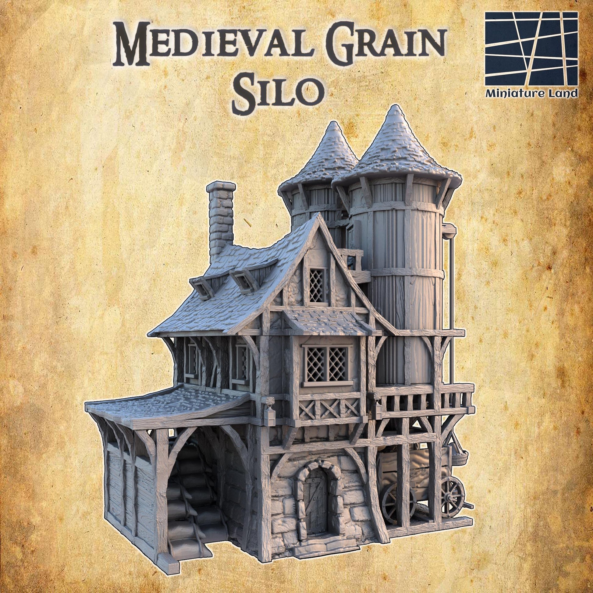 Detailed view of a medieval grain silo, featuring wood paneling, stone base, mechanical grain hoist, and multiple storage levels, perfect for historical and fantasy gaming scenarios.