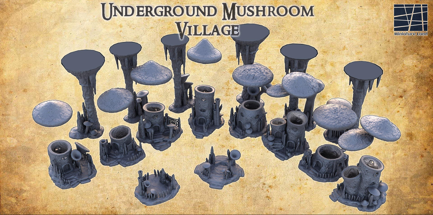 Explore a miniature world with the Underground Mushroom Village, featuring various mushroom houses and organic structures, perfect for fantasy RPGs and magical dioramas.