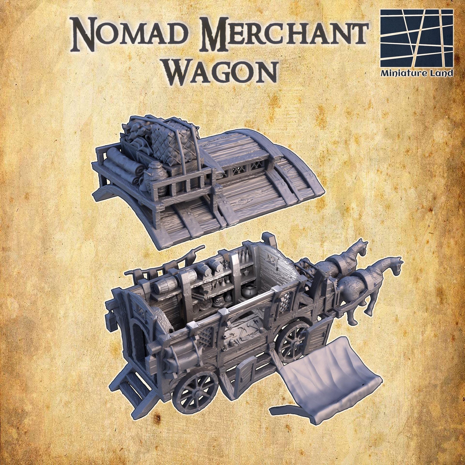 Detailed model of a medieval nomad merchant wagon with various compartments and realistic textures, ideal for fantasy role-playing games and dioramas.