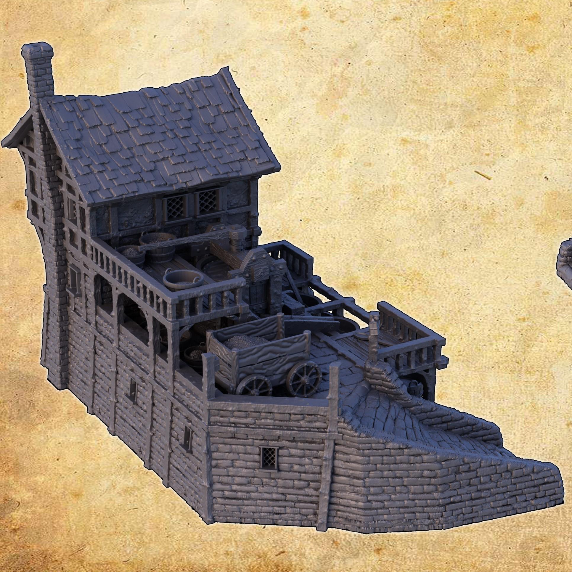 This detailed Medieval Winemaker model features a multi-level structure with barrels, grape presses, and a cart, perfect for any fantasy or historical tabletop game.