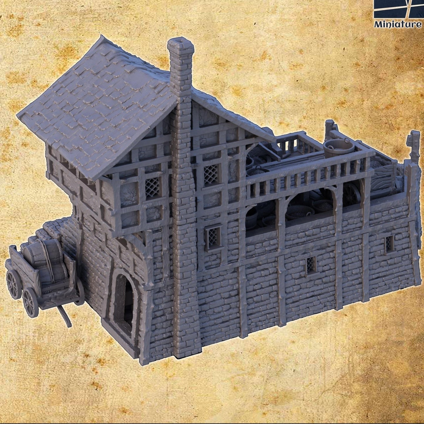 This detailed Medieval Winemaker model features a multi-level structure with barrels, grape presses, and a cart, perfect for any fantasy or historical tabletop game.