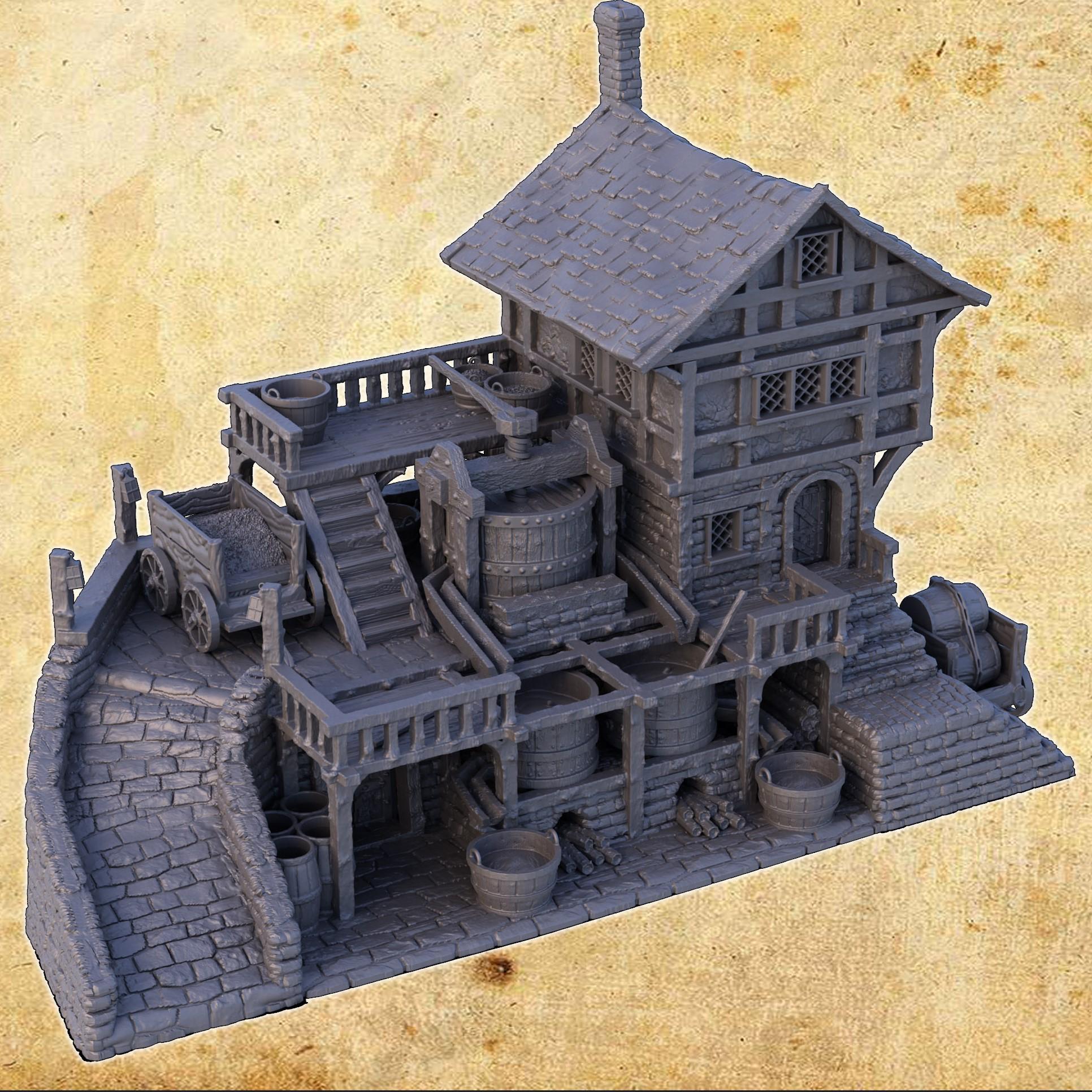 This detailed Medieval Winemaker model features a multi-level structure with barrels, grape presses, and a cart, perfect for any fantasy or historical tabletop game.