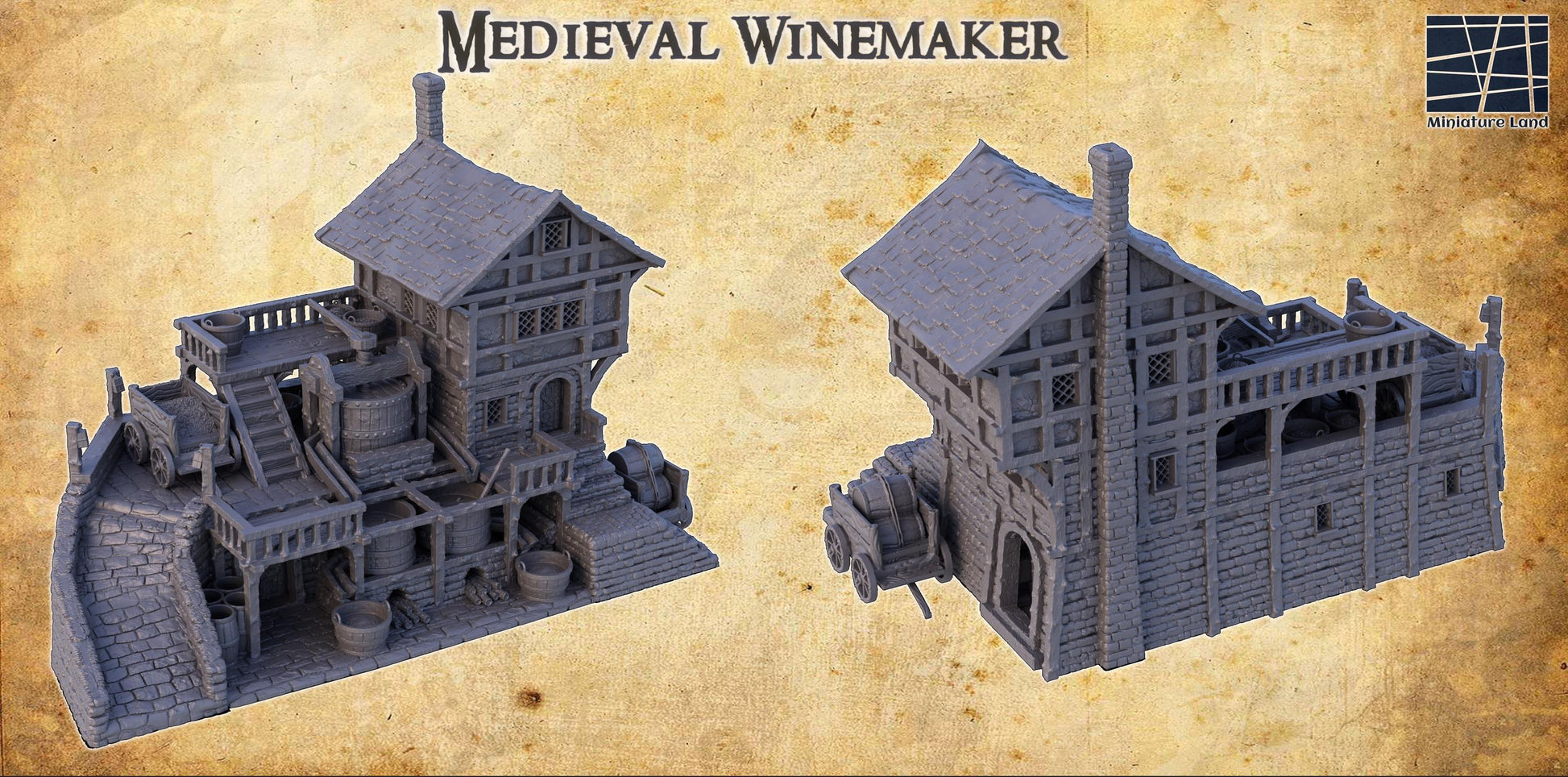 This detailed Medieval Winemaker model features a multi-level structure with barrels, grape presses, and a cart, perfect for any fantasy or historical tabletop game.