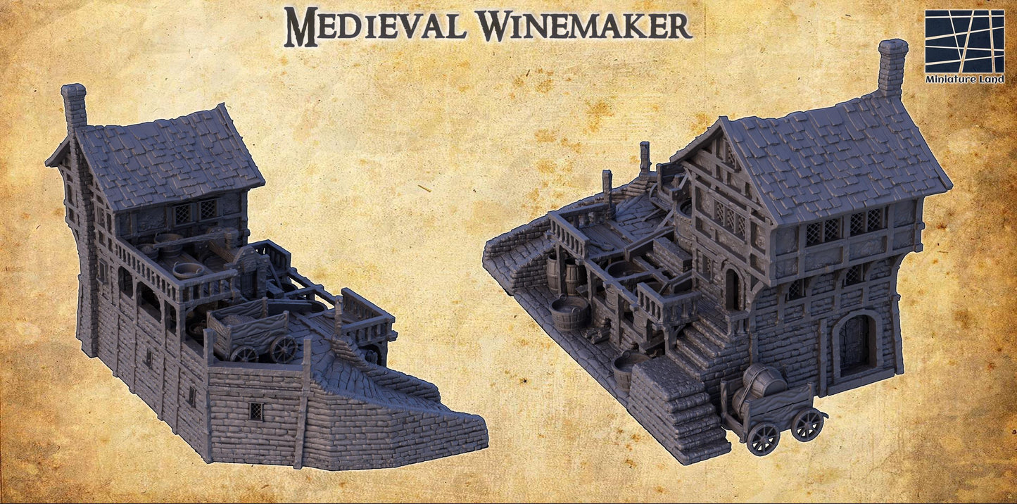 This detailed Medieval Winemaker model features a multi-level structure with barrels, grape presses, and a cart, perfect for any fantasy or historical tabletop game.