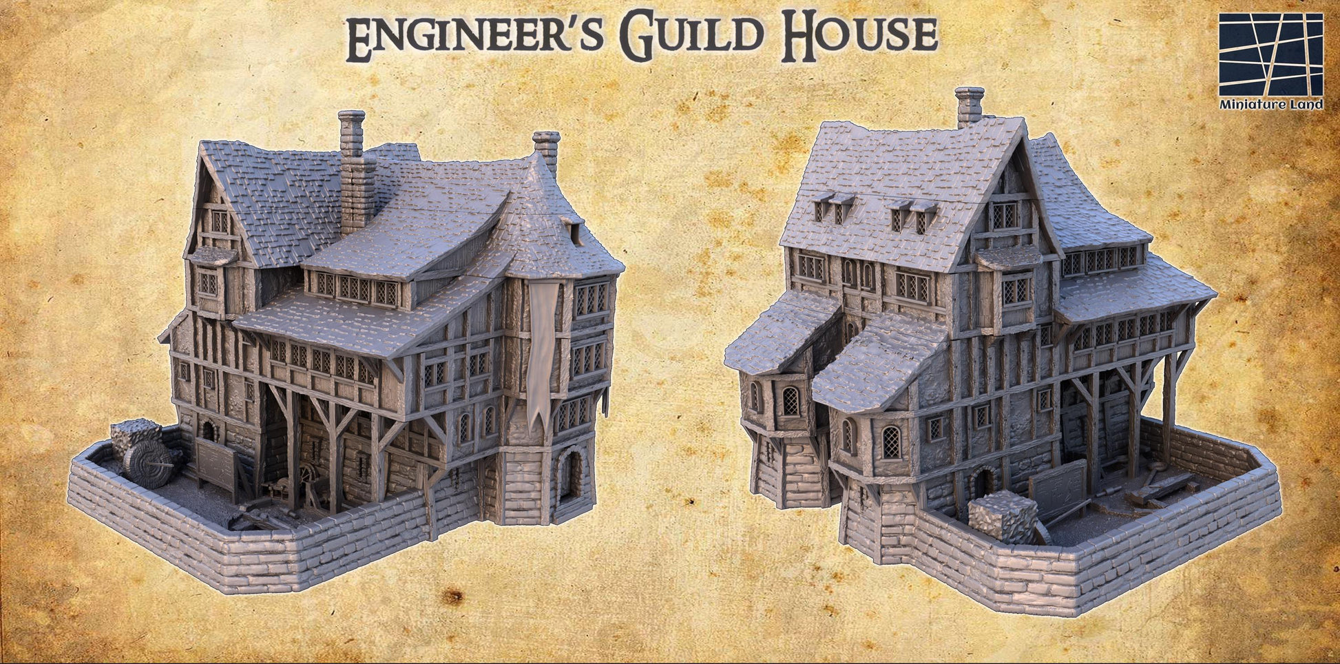 Text: Detailed 3D printed model of a medieval Engineer&#39;s Guild House with five floors, each intricately designed with medieval-era workshops, perfect for historical and fantasy tabletop games.