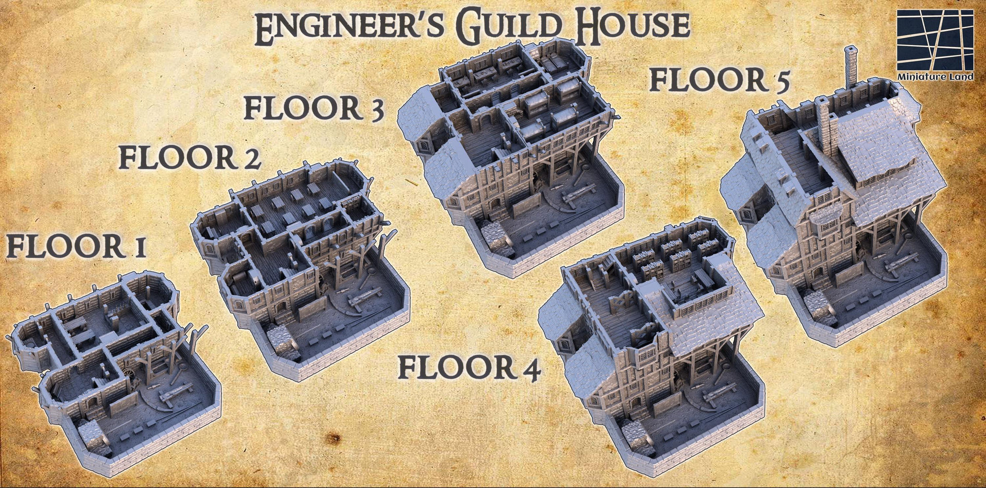 Text: Detailed 3D printed model of a medieval Engineer&#39;s Guild House with five floors, each intricately designed with medieval-era workshops, perfect for historical and fantasy tabletop games.