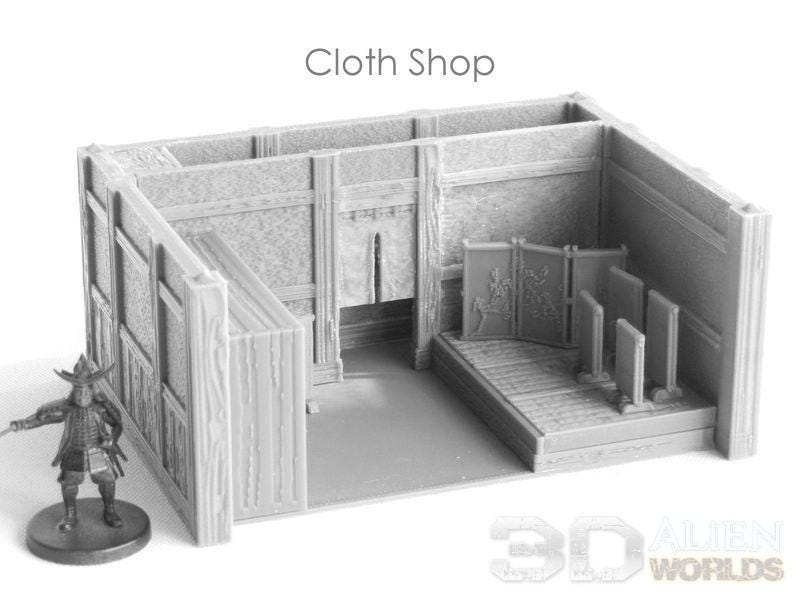 &quot;Samurai Cloth Shop&quot; model features traditional Edo-period architecture, designed for immersive tabletop RPGs and historical dioramas.