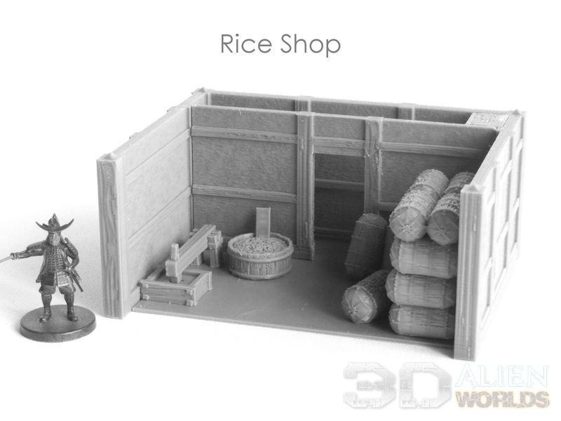 Detailed Samurai Rice Shop model, perfect for tabletop RPGs and wargames, featuring authentic Edo period architecture and interior detailing.