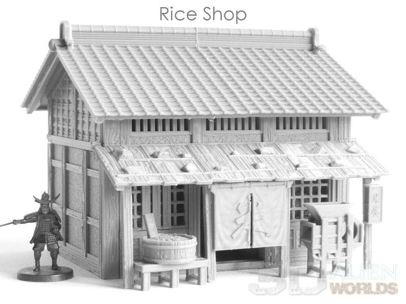 Detailed Samurai Rice Shop model, perfect for tabletop RPGs and wargames, featuring authentic Edo period architecture and interior detailing.