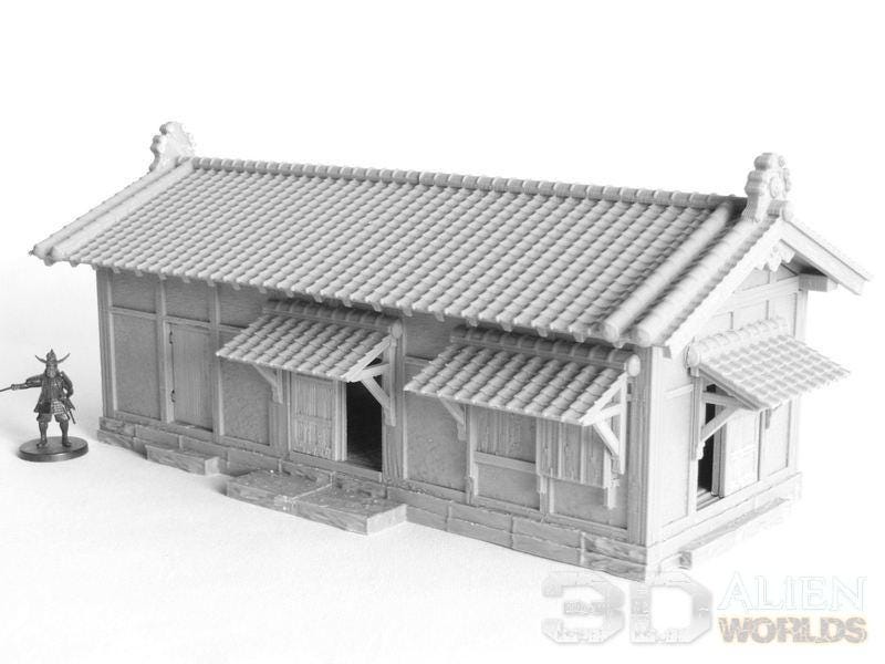 A detailed 3D-printed model of a Samurai Lord’s Long Storehouse, featuring traditional tiled roofs, wooden beams, and sliding doors. Ideal for historical and fantasy tabletop games, adding authentic feudal Japanese architecture to your setting.