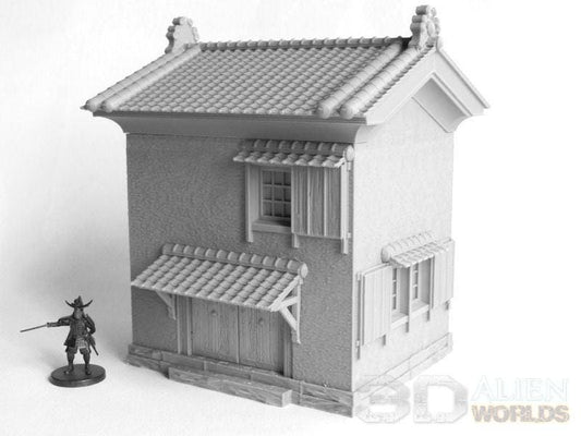 A small Samurai Lord&#39;s storehouse, complete with traditional tiled roof, wooden shutters, and sliding doors, perfect for feudal Japan-themed tabletop games or dioramas.