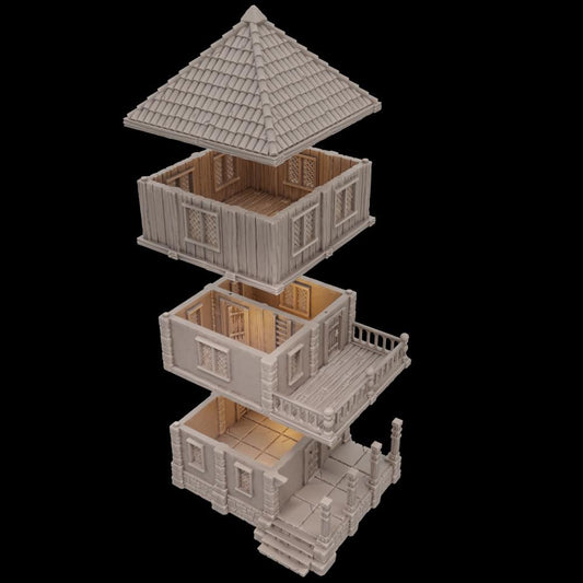 A modular 3-story medieval house model for tabletop RPGs and dioramas. The detailed structure features removable floors, a stone porch, wooden walls, and lattice windows. Ideal for enhancing fantasy or historical gaming environments.