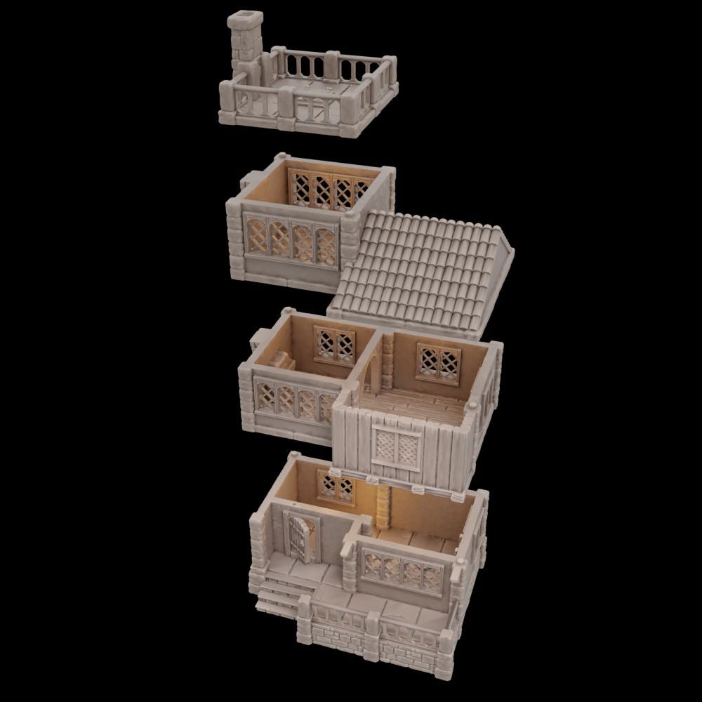 A highly detailed medieval townhouse for tabletop RPGs, featuring three modular levels, a chimney, balconies, lattice windows, and a stone foundation. Each floor is accessible for immersive gameplay.