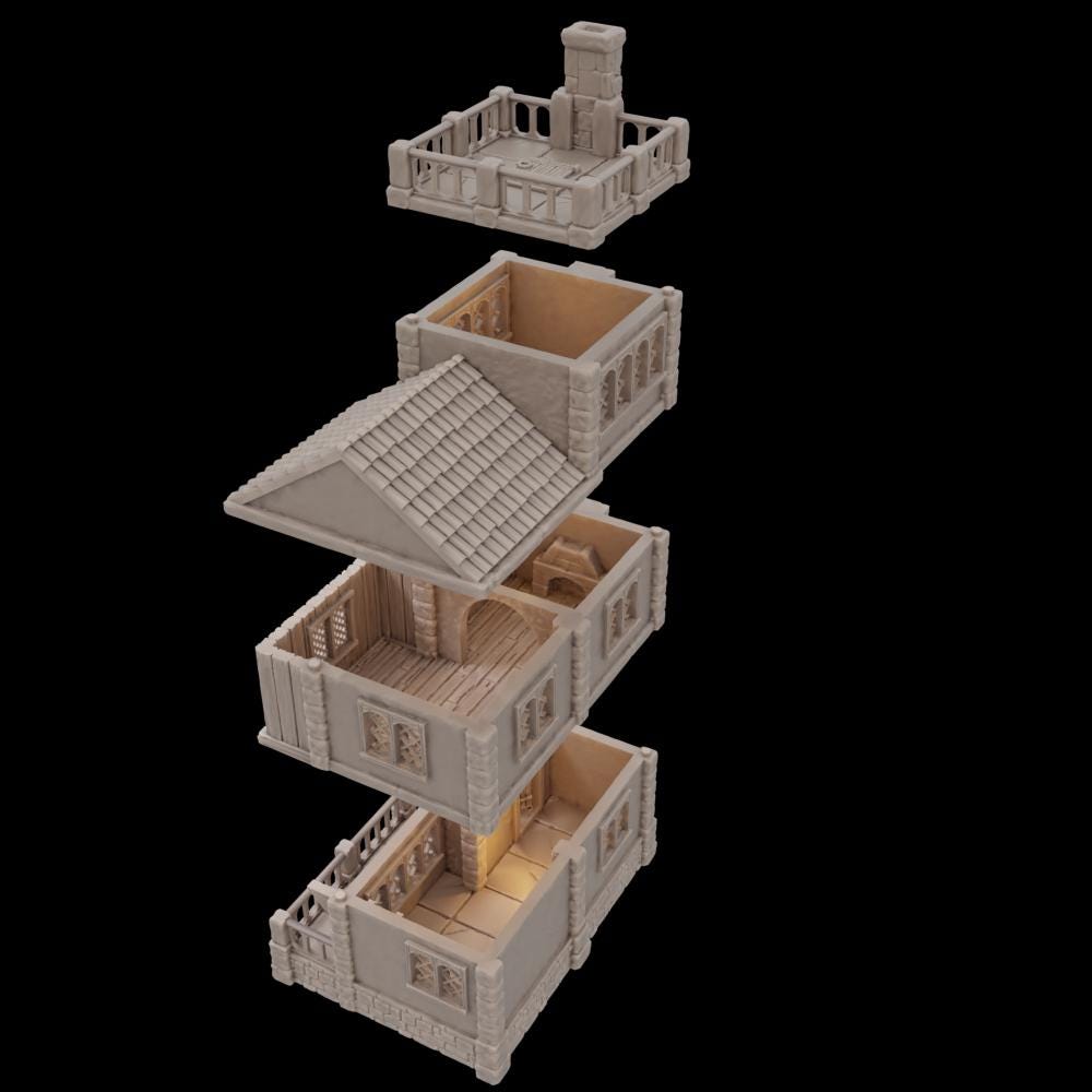 A highly detailed medieval townhouse for tabletop RPGs, featuring three modular levels, a chimney, balconies, lattice windows, and a stone foundation. Each floor is accessible for immersive gameplay.