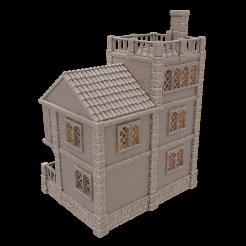 A highly detailed medieval townhouse for tabletop RPGs, featuring three modular levels, a chimney, balconies, lattice windows, and a stone foundation. Each floor is accessible for immersive gameplay.