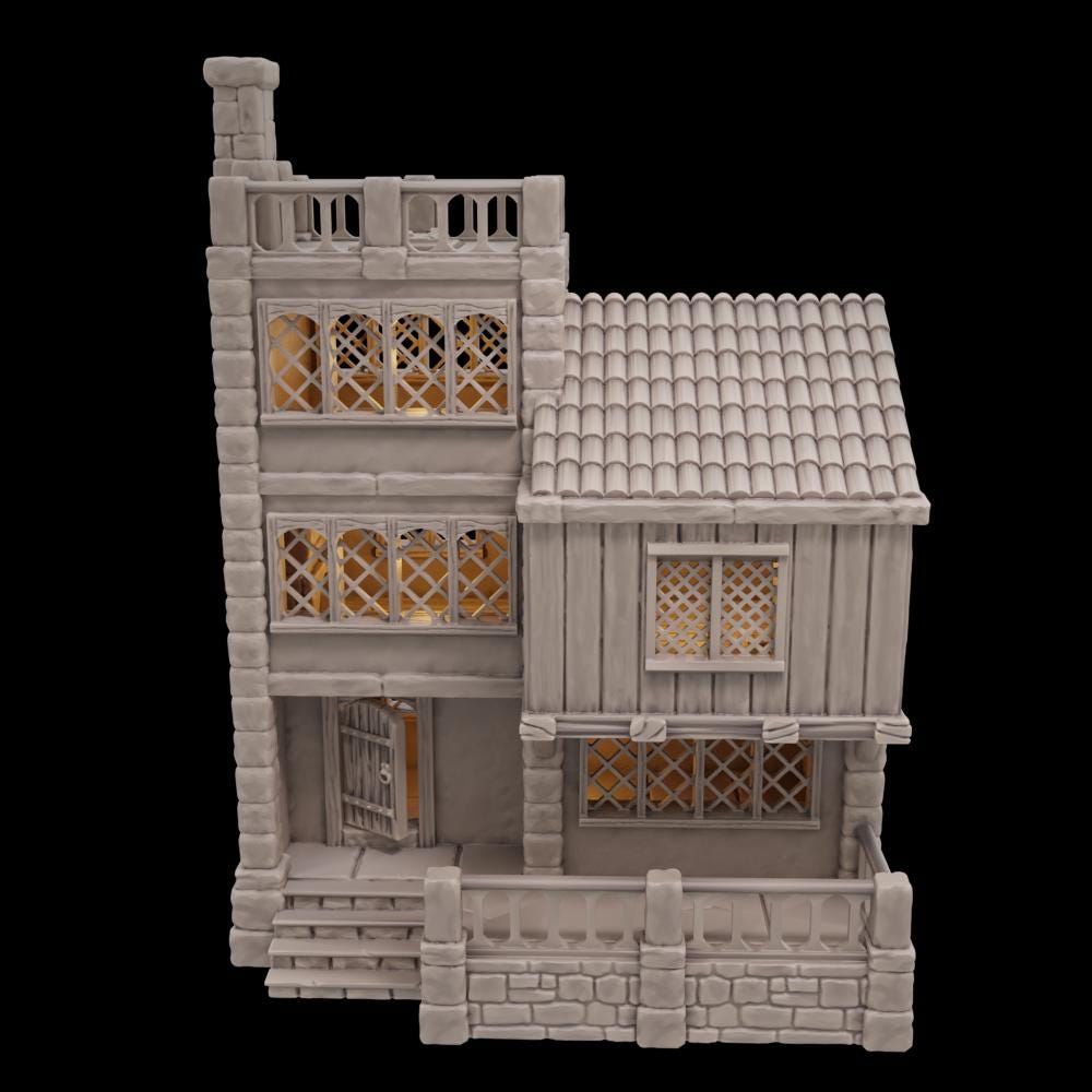 A highly detailed medieval townhouse for tabletop RPGs, featuring three modular levels, a chimney, balconies, lattice windows, and a stone foundation. Each floor is accessible for immersive gameplay.