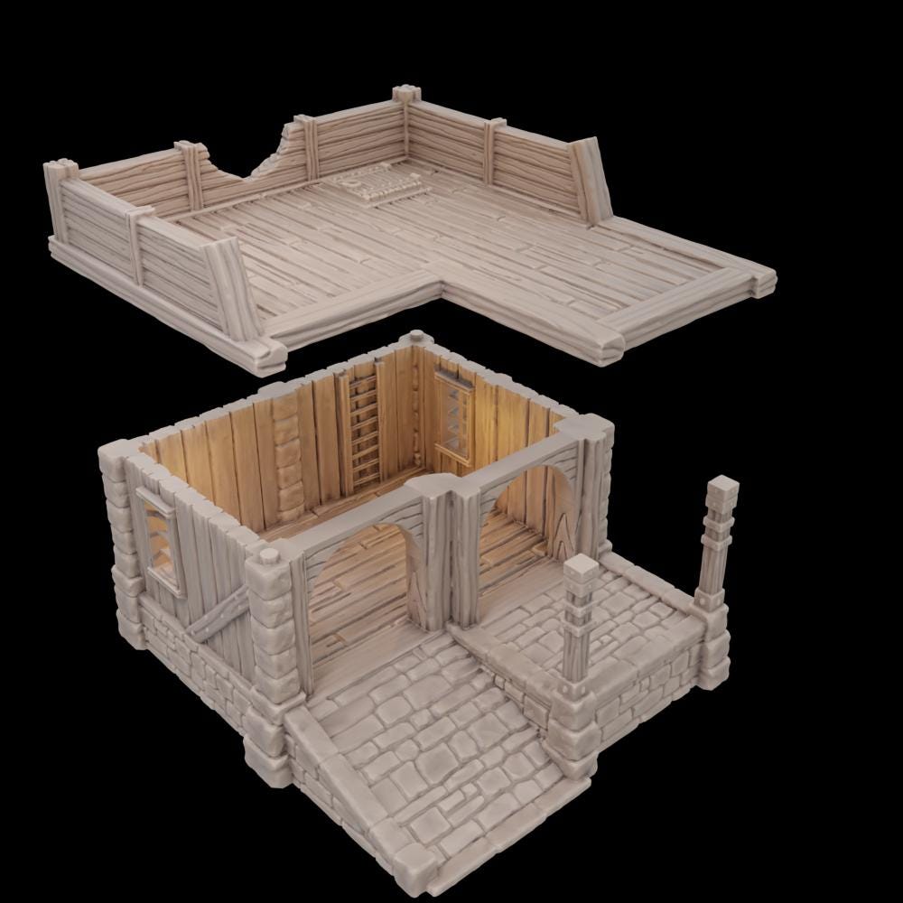 A detailed 3D printed Small Storage Shed featuring a stone foundation, wooden beams, and arched doorways, perfect for medieval and fantasy tabletop settings. The roof is removable, revealing an open interior, ideal for immersive gaming sessions.