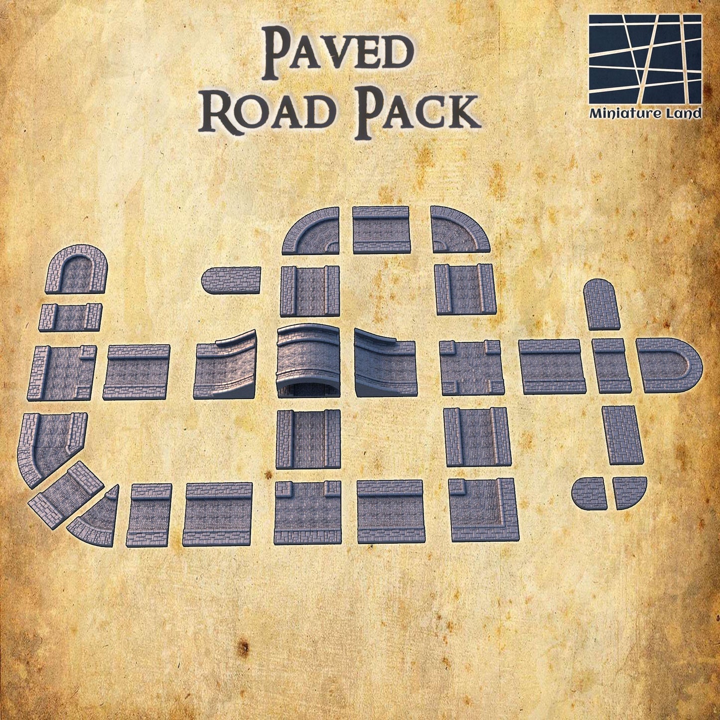 Build your next adventure with our Paved Road Pack, featuring detailed and versatile road tiles perfect for any tabletop game