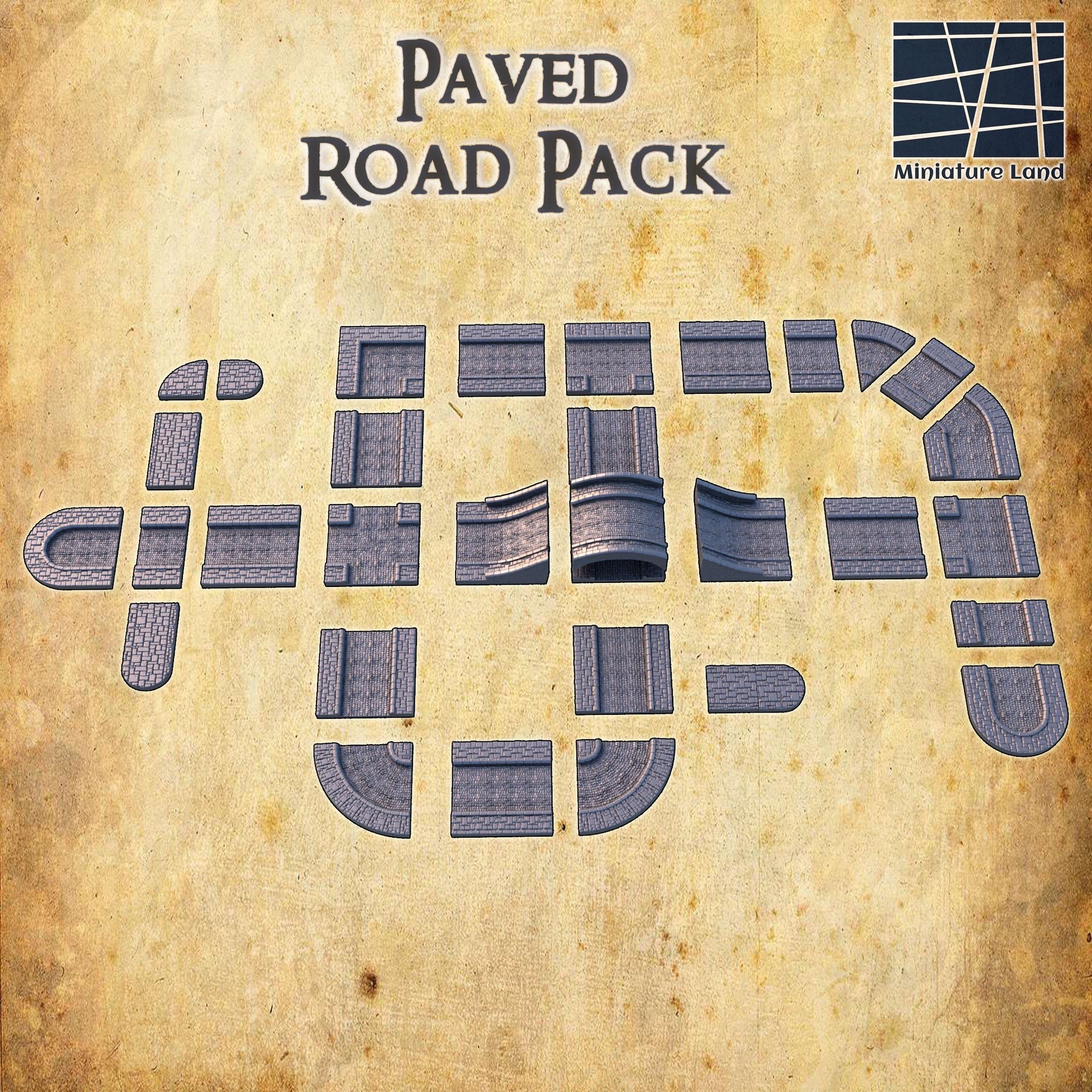 Build your next adventure with our Paved Road Pack, featuring detailed and versatile road tiles perfect for any tabletop game