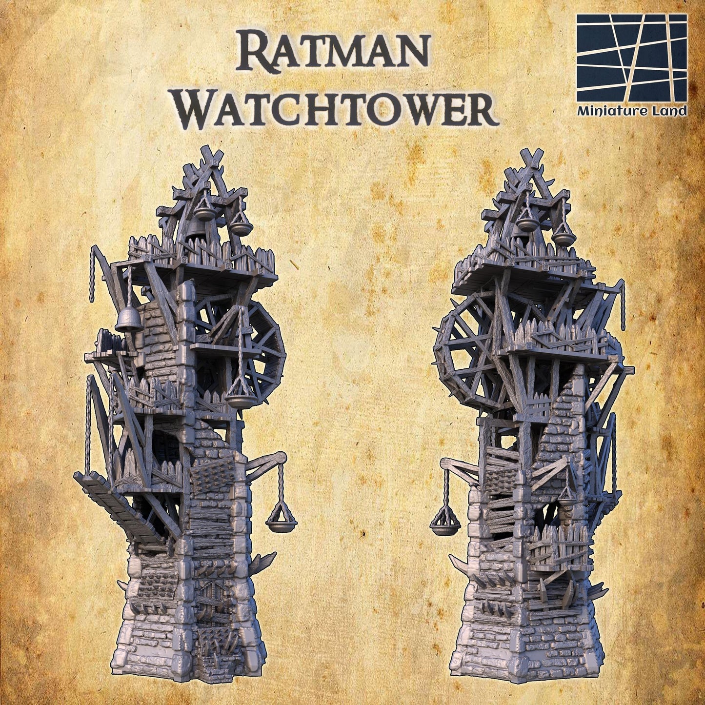 Discover the Ratman Watchtower, a medieval fantasy defense tower with multiple levels and intricate details, perfect for enhancing your tabletop RPG and wargame experiences.