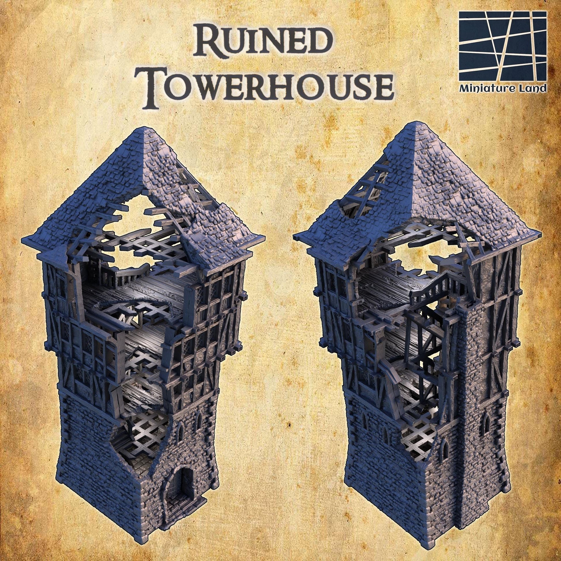 Explore the mysteries of the Ruined Towerhouse, a medieval fantasy structure with intricate decay, perfect for adding depth to your tabletop gaming experiences.