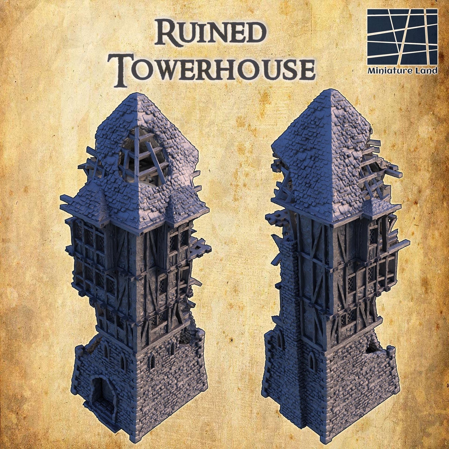 Explore the mysteries of the Ruined Towerhouse, a medieval fantasy structure with intricate decay, perfect for adding depth to your tabletop gaming experiences.