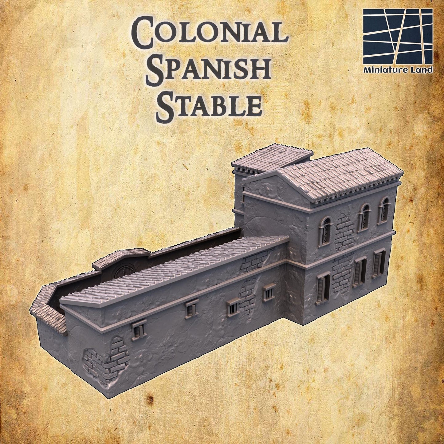 This Colonial Spanish Stable model showcases detailed architecture with a functional design from the 17th-18th century, perfect for historical RPGs and dioramas.