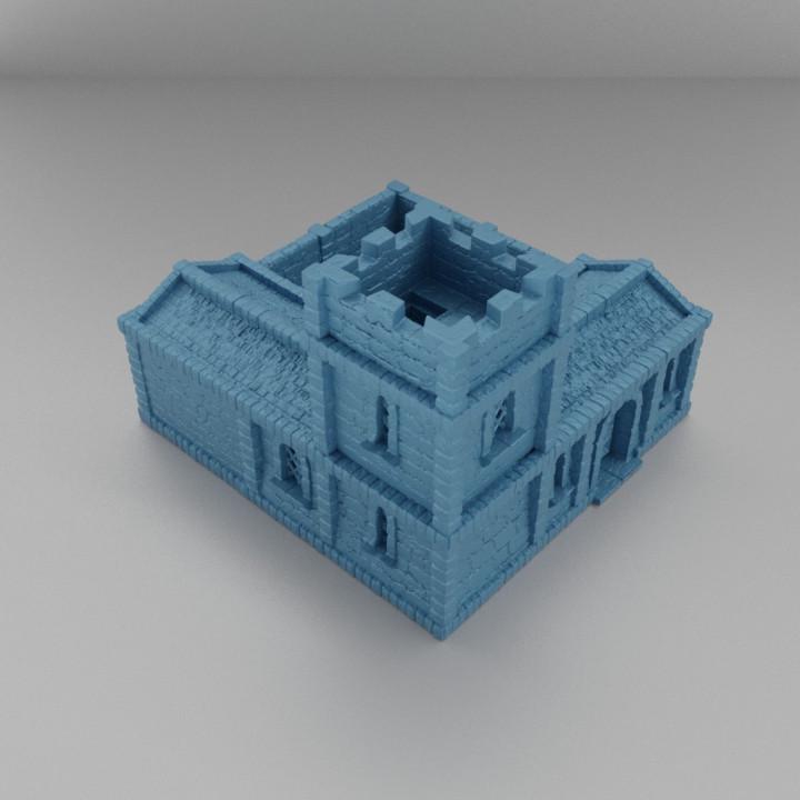 This detailed 3D-printed medieval archery range features a fortified watchtower, a practice yard with archery targets, and a covered shelter area.