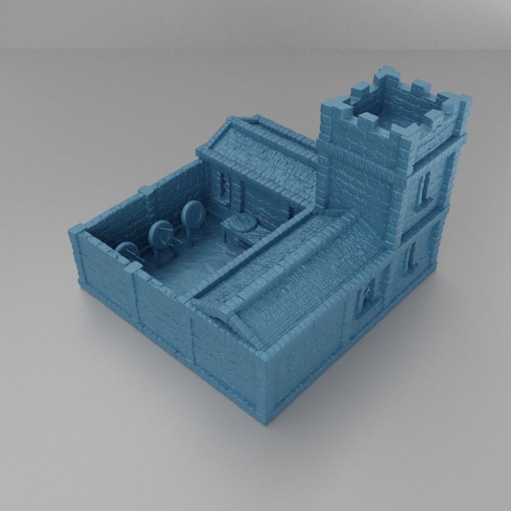 This detailed 3D-printed medieval archery range features a fortified watchtower, a practice yard with archery targets, and a covered shelter area.