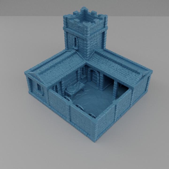 This detailed 3D-printed medieval archery range features a fortified watchtower, a practice yard with archery targets, and a covered shelter area.