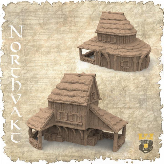 Detailed Viking Market Building model featuring medieval architecture with thatched roofs and wood textures, perfect for tabletop RPGs and historical dioramas.